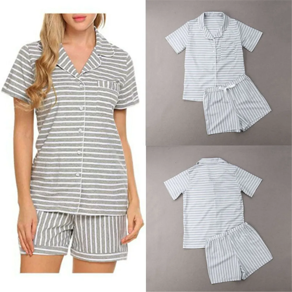 

New Women Pajamas Sets Summer Short Sleeve Turn down Collar Striped Dot Button Design Shirts+Shorts Pants Homewear Sleepwear Hot