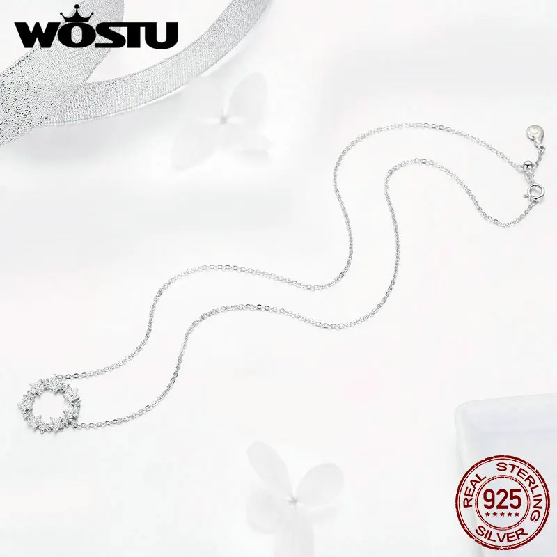 WOSTU 100% 925 Sterling Silver Gypsophila Necklaces Pendant Long Chain 45 cm Adjustable Circle Necklace For Women Jewelry CTN028