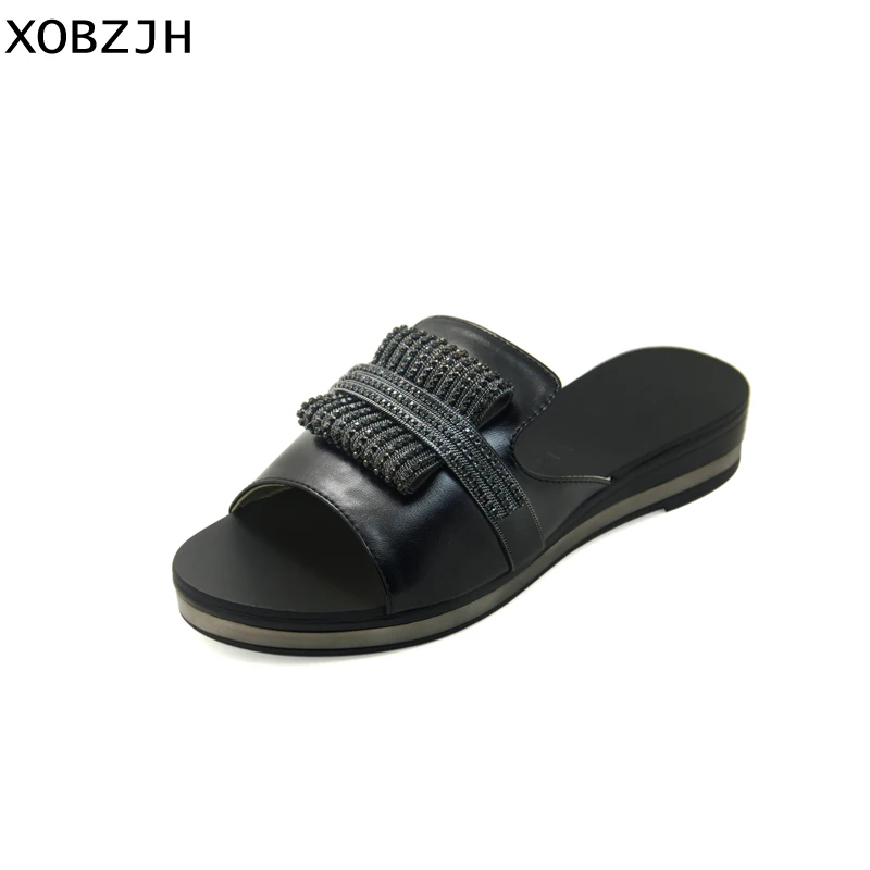 

XOBZJH 2019 Shoes Women New Summer Platform Wedges Sandals Fashion Luxury Mature Women Rhinestone Black Peep-Toe Shoes Plus Size