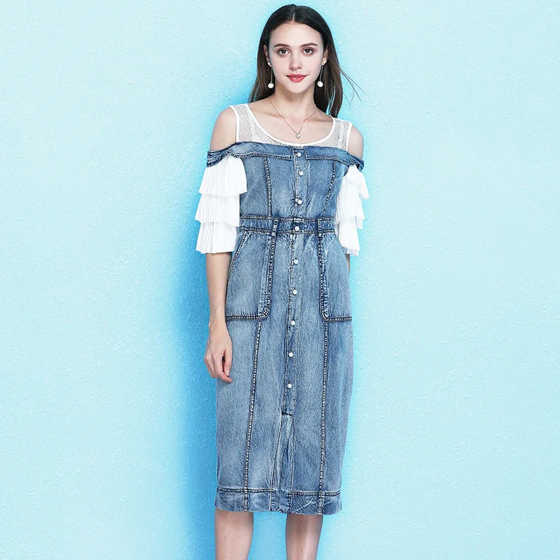

2019 popular women's new off-the-shoulder lotus leaf pleated sleeve denim dress temperament split hem dress NW19B6129