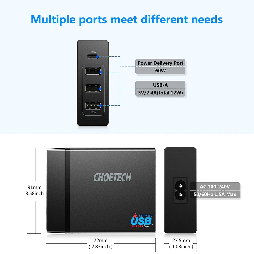 Горячее предложение TTKK Choetech 72 Вт 4 порта Usb C настольная зарядная станция с