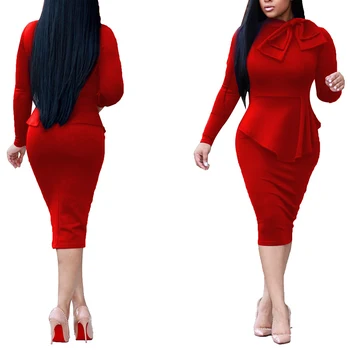

Autumn Solid Red Long Sleeve 2 Piece Set Women Bow Blouse Shirt & Pencil Skirt Office Ladies Elegant Ol Style Two Piece Suit
