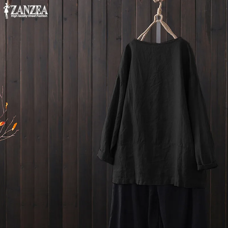 2019 زائد حجم ZANZEA الربيع النساء Casaul يا الرقبة كم طويل قمصان قمم خمر الصلبة القطن الكتان حزب فضفاض بلوزة الإناث