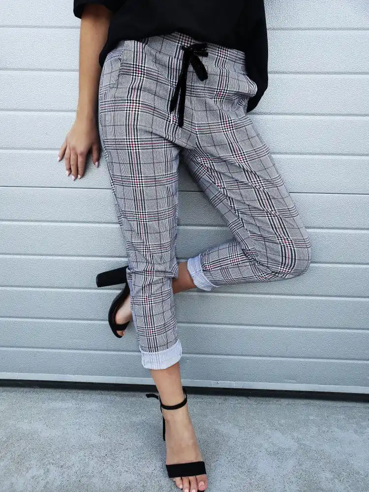 drawstring waist plaid trousers