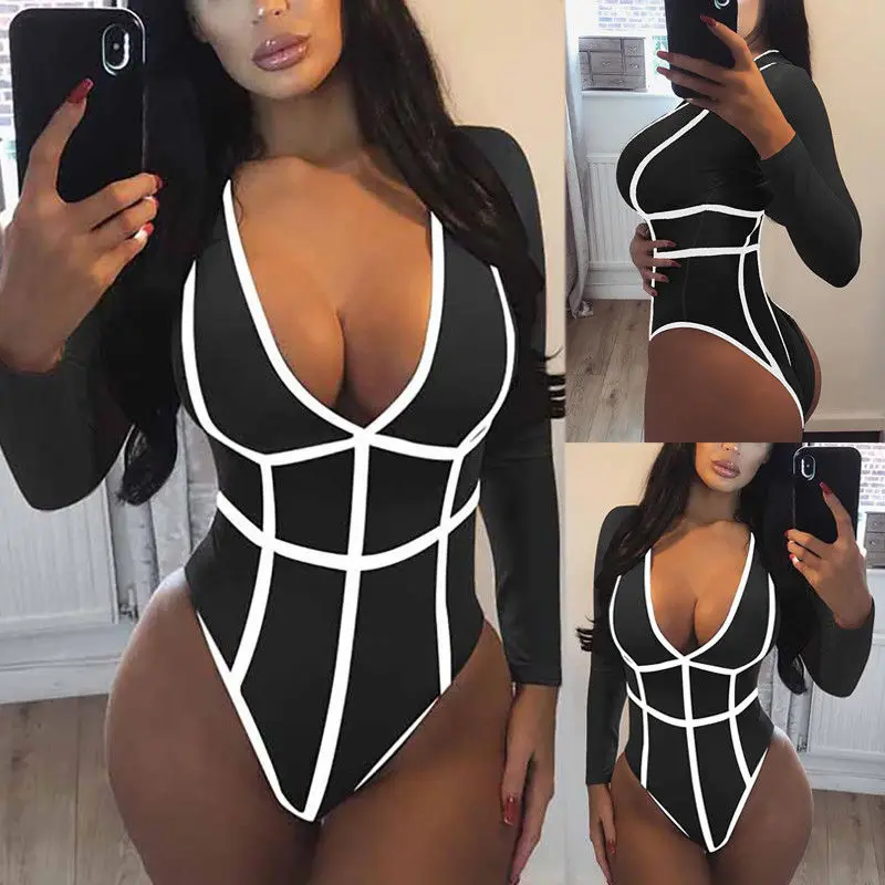

Long Sleeve One Piece Swimsuit 2019 Plus Size Striped Swimwear Women Monokini Swimming Suit for Women Bathing Suit Swim S-XL