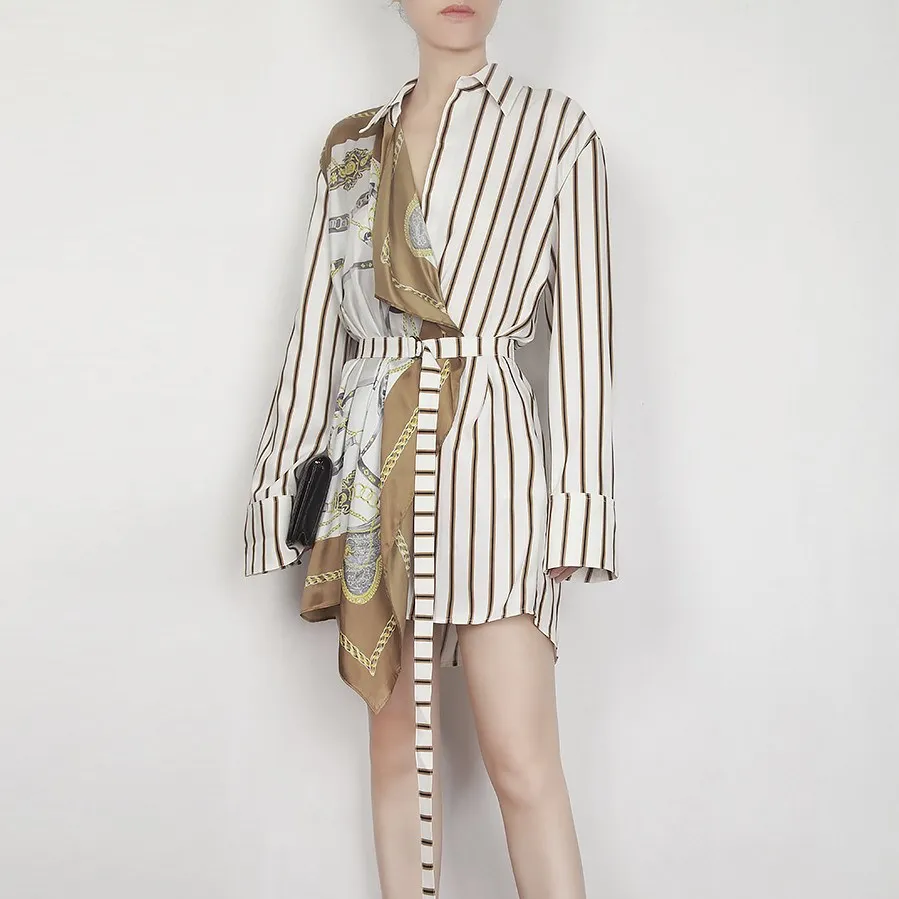 

New Women Lapel Long Sleeve Striped Blouse Pattern Split Joint Irregular Shirt Bandage Sashes Blouse