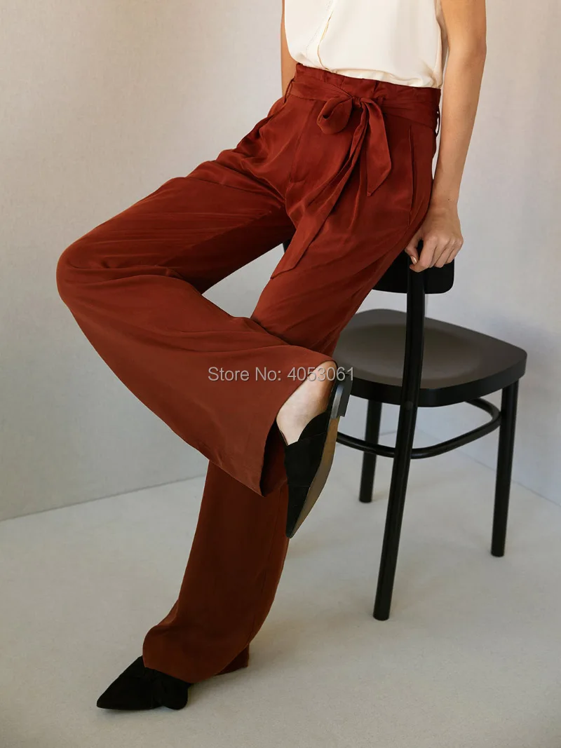 

Viscose & Cupro Blend Casual Wide Leg Pants With Belt - 2019ss Women Dark Blue/Rust Red /Ivory Trousers