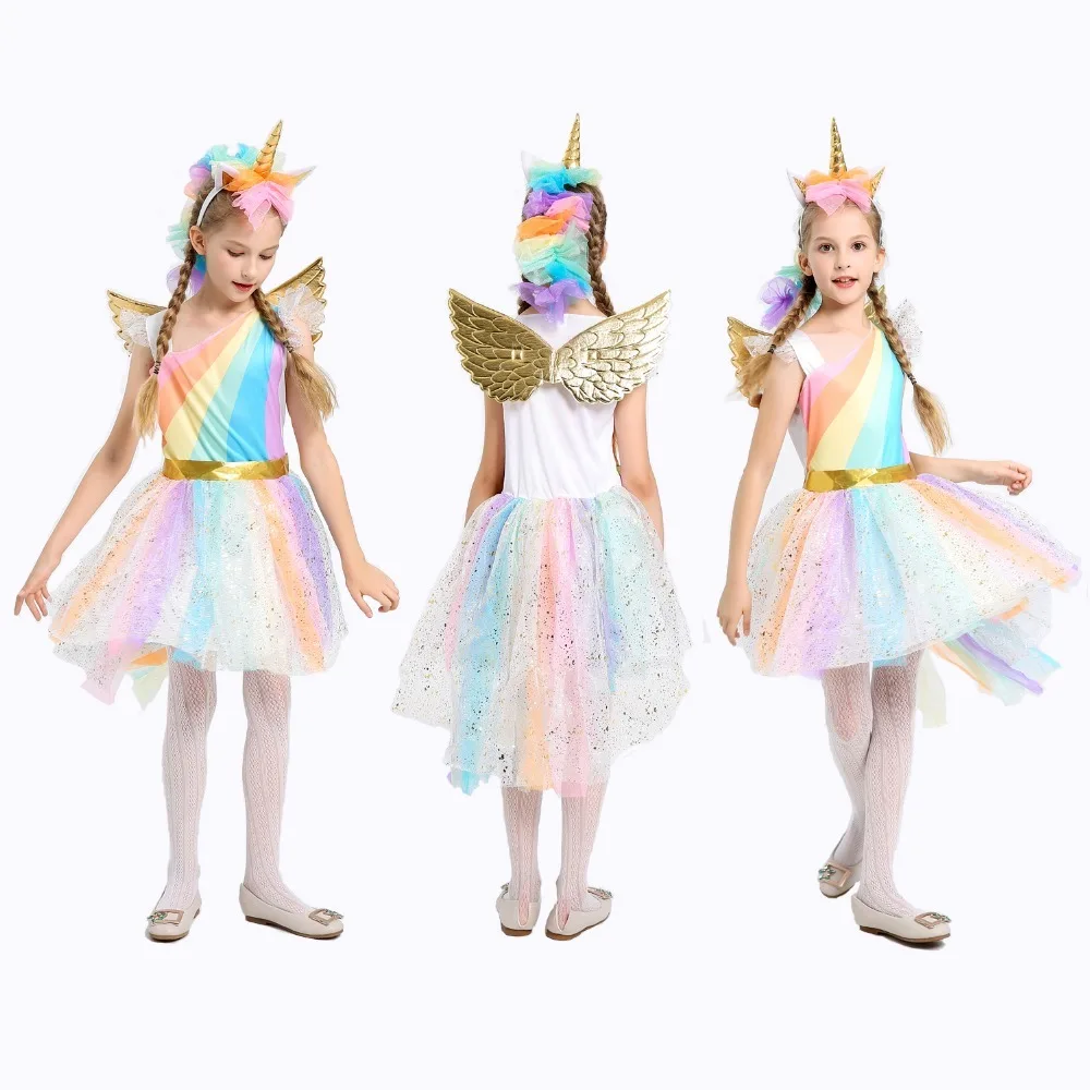 

5-12y Girl Unicorn Fancy Dress Costumes Rainbow Sequined Tutu Wedding Party Princess Dress With Hair Hoop Wings Set For Cosplay