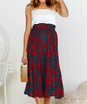 

New 2019 Women Floral Jersey Gypsy Long Maxi Full Skirt Summer Beach Sun Dot Print Pleated Skirt New