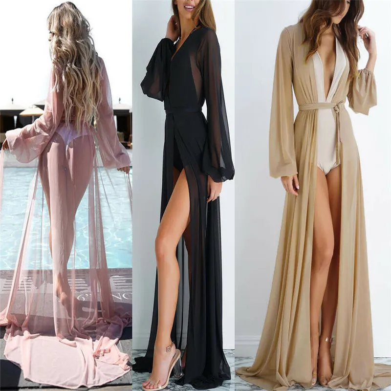 

2019 Sexy Women Mesh See-throught Long Dress Cover Up Swimwear Beach Wear Lady Loose Chiffon Long Dress Long Sleeve Plain Dress