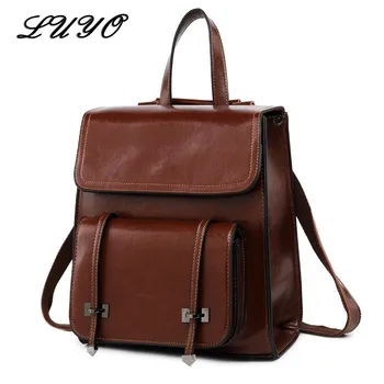 

2018 Fashion Wax Oil Genuine Leather Backpack Black Female Schoolbag Women Mochila School Bags For Teenage Girls Rugzak Rucksack