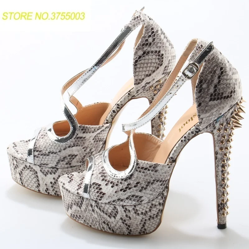 

Sexy Gray Python Leather Women Peep Toe High Heels Peep Toe Silver Leather Strap Ladies Fashion Sandal Gold Rivets Heel Stiletto