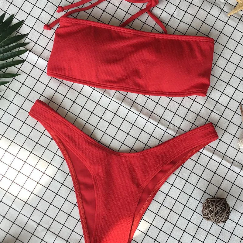 

Women's Sexy Micro Bikini Strapless Ribbed Lace Up High Cut Bandeau Two Pieces Swimwear Padded Solid Swimsuit Beach Bathing Suit