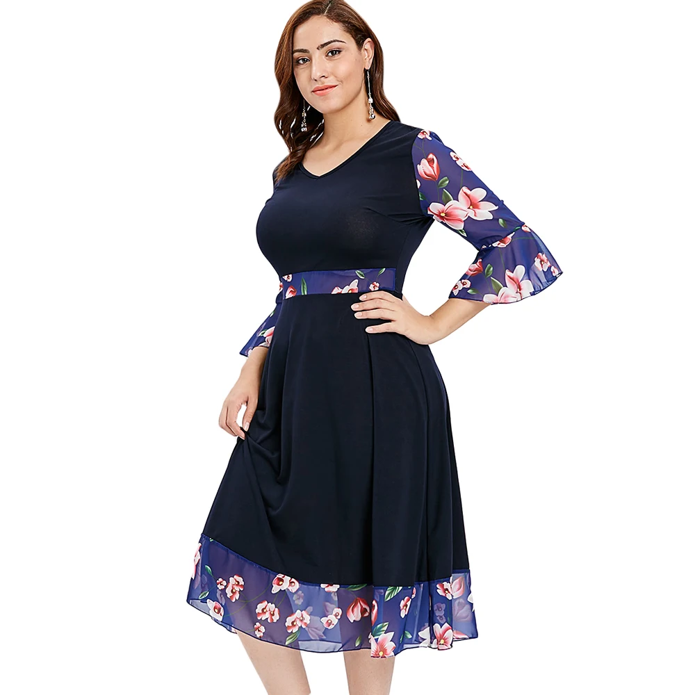 ZAN.STYLE Women Floral Panel Mid Calf Dress Plus Size Flare Sleeve V