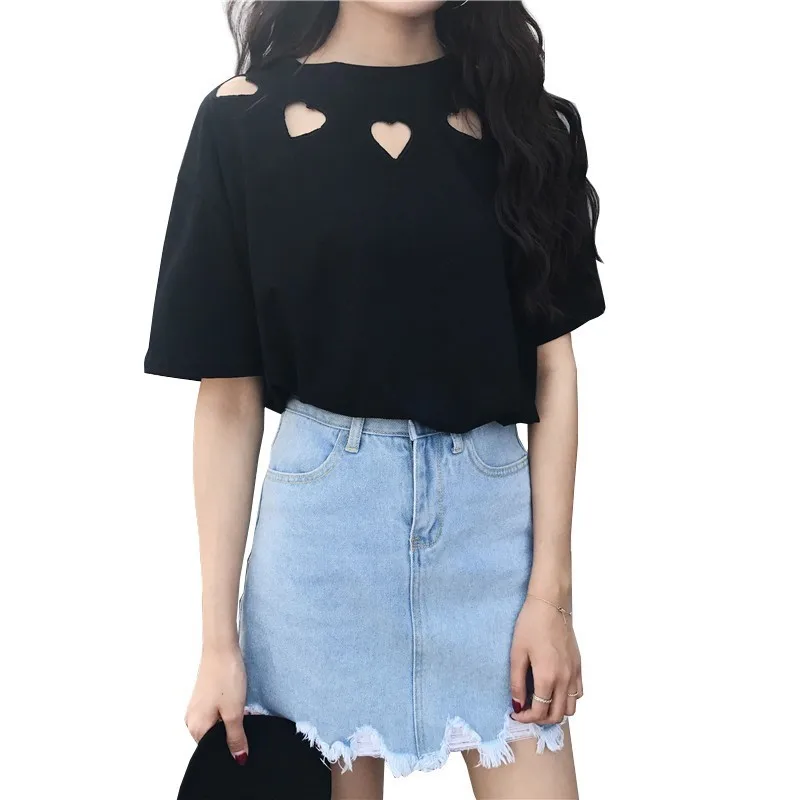 

Summer Mori Girls Love Heart Hollow Out Cute Lovely T-shirts Harajuku Sweet Women Kawaii T Shirts Casual Slim Short-Sleeves Tops