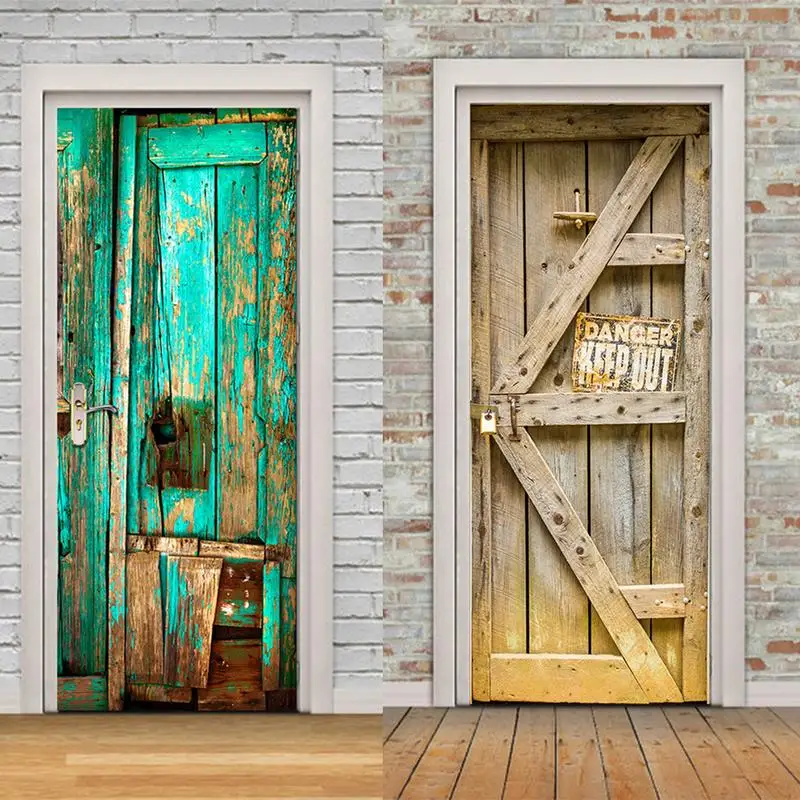

2pcs/set 3D Waterproof Simulation Wooden Door Pattern Door Stickers Creative PVC Removable DIY Mural Film Self-adhesive Sticker