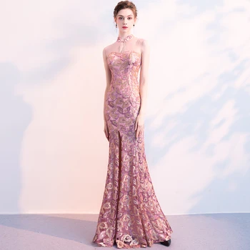 

Long Qipao Evening Dresses Woman Sleeveless Transparent Backless China Improve Cheongsam Banquet Violet Paillette FishTail Dress