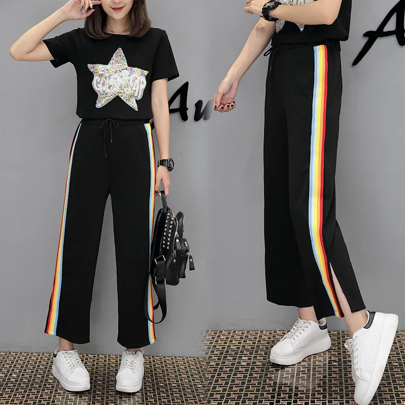 Women Casual Elastic Waist Wide Leg Sweatpants Rainbow Striped Printed Trousers 2019 Spring Summer Ladies Joggers Sweat Pants