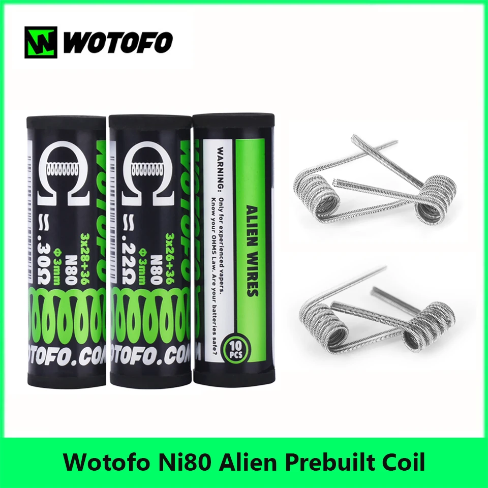 Koop 10 pcs buis Originele Wotofo Prebuilt Coil Ni80 Alien Verwarming Coil Vervanging Hoofd Spoel 0.22ohm 0.3ohm Voor RDA RTA Verstuiver Tank