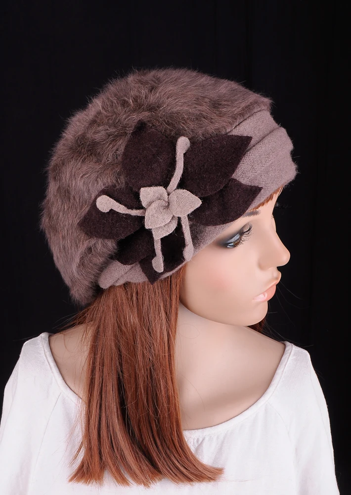 M602 милый цветок, зимний теплый светильник, коричневый мех кролика и шерсть, модная женская шапка, шапка бини, выберите цвет