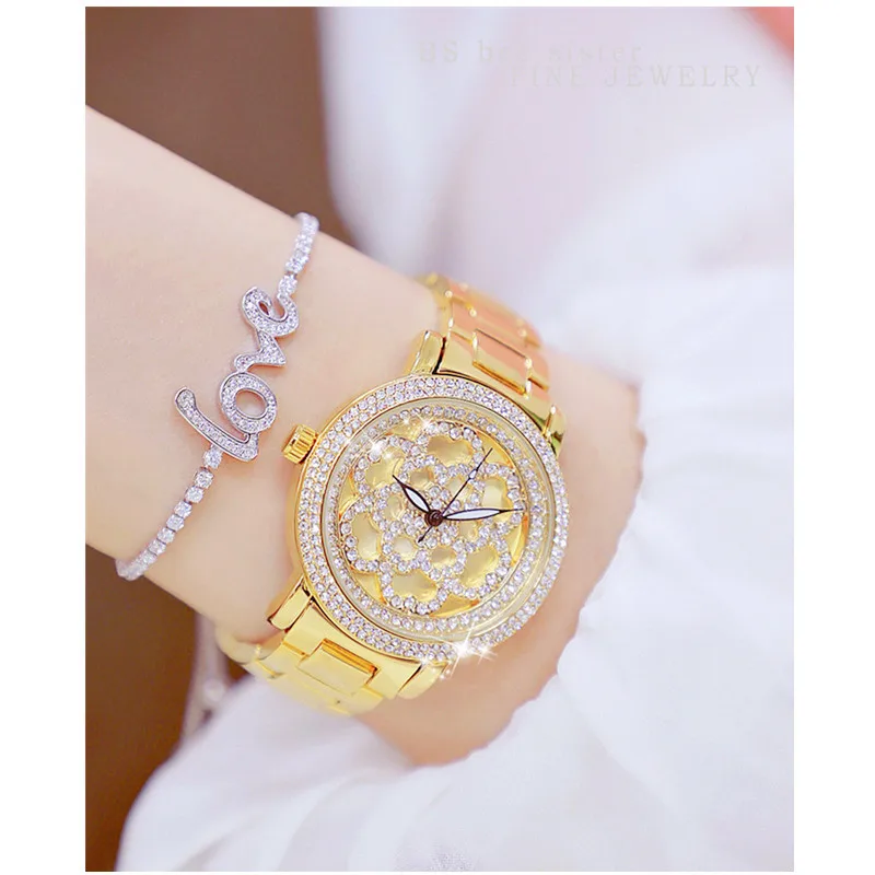 

2019 Ladies Quartz Movement Watch Gold Custom Alloy Chain Watch Hollow Flowers No Digital Gold Dial Ladies Watch