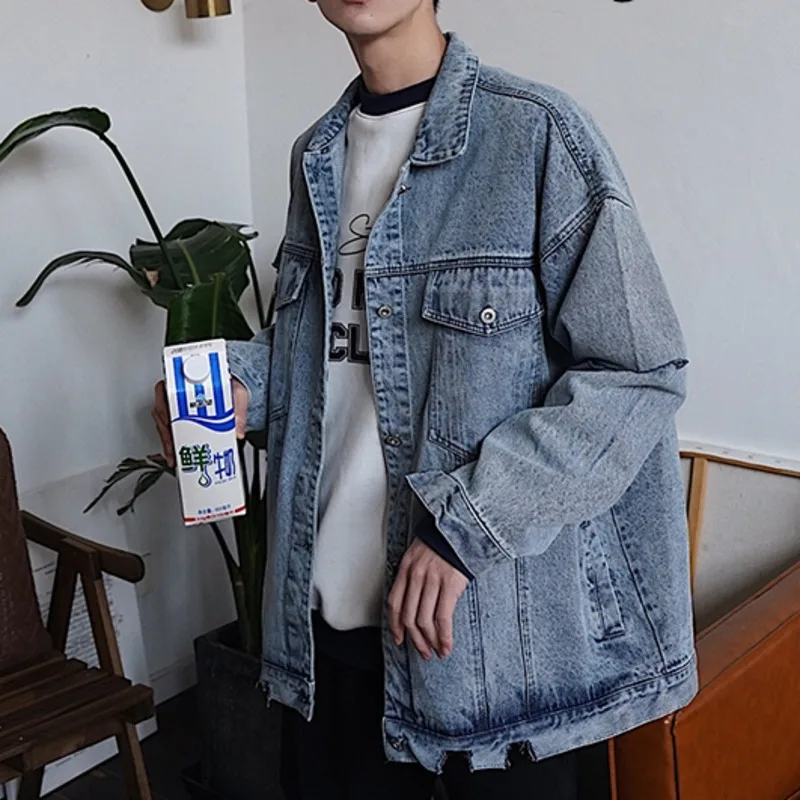 Spring New Denim Jacket Men Fashion Wash Retro Solid Color Tear Hole Denim Jacket Man Streetwear Hip Hop Bomber Jacket Male