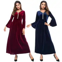 Новый Для женщин бархат с расклешенными рукавами длинные вечерние платье мусульманской Абаи Исламская платье-Кафтан v-образным вырезом