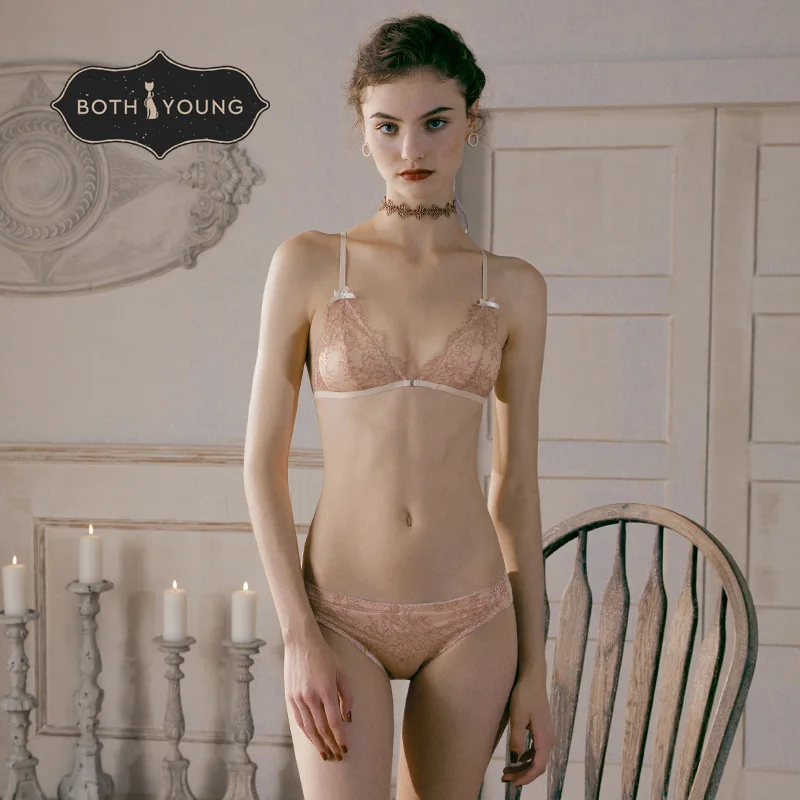 

BOTHYOUNG Lace Bra Set French Non-Wired Bralette Set Sexy Triangle Cup Underwear Pink
