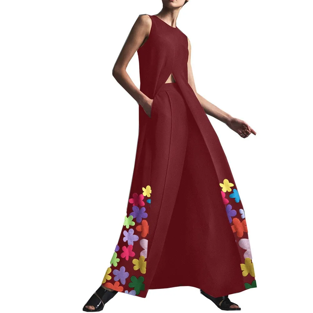 Женское Бохо длинное платье с цветочным принтом летнее с круглым вырезом Макси платье без рукавов с высоким разрезом с цветочным принтом пляжное платье