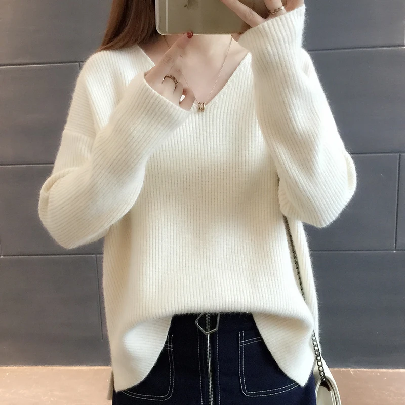 

PEONFLY Fashion Sexy V Neck knit sweater Women Solid color pullovers Autumn winter Clothes 2018 New white jumper knitwear female