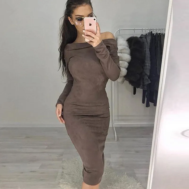 

Suede Long Sleeve Off Shoulder Vestido Long Women Mid-Calf Dress 2019 Spring Summer Female Sexy Bodycon Party Dresses Robe Femme