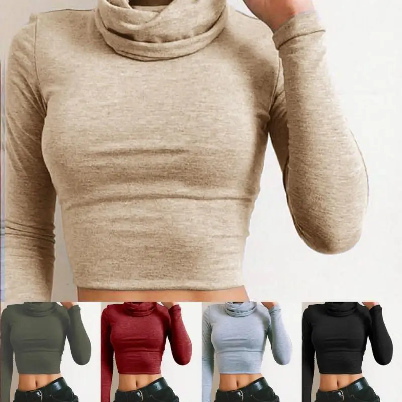 Women Crop Tops long Sleeve Turtleneck