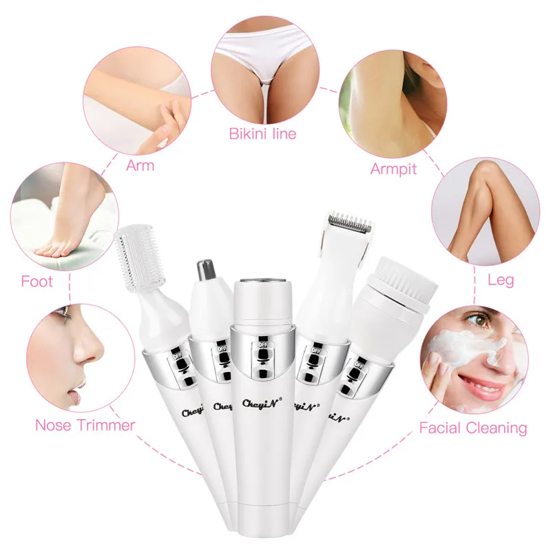 5 En 1 depilación eléctrica para mujer, afeitadora, recortadora de cejas, recortadora de cabello para la nariz, máquina de afeitar para el cuerpo, limpiador de cepillo Facial