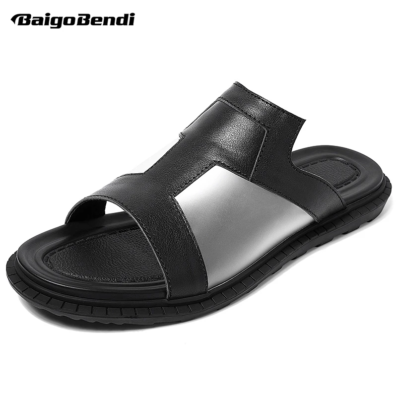 

US Size Men Fashion Leather Slippers Outdoor Trendy Transparent Slides Shoes Business Man Casual Shoes Summer Black