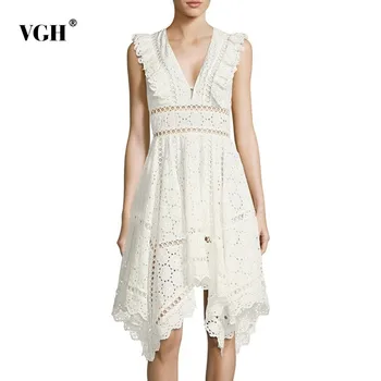 

VGH Beach Style Asymmetrical Dress Female Summer V Neck Sleeveless Off Shoulder High Waist Hollow Out Women's Dress Fashion 2019