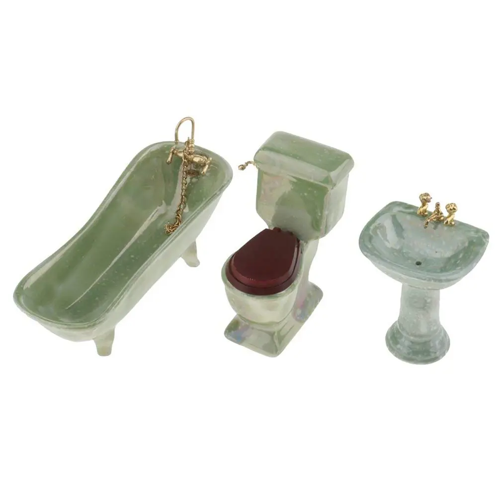 Мини Керамика Ванная комната Footed Ванна ToiletPedestal раковина и зеркало комплект зеленый