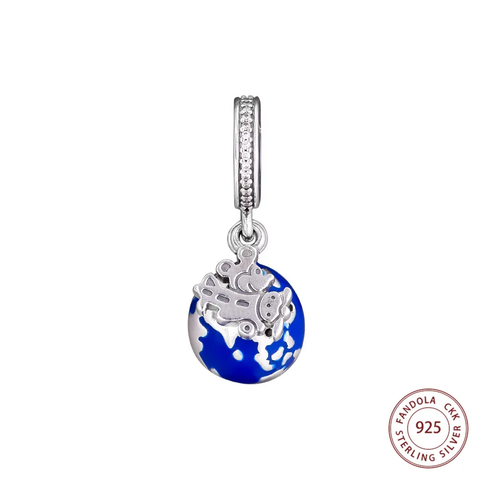 

100% 925 Sterling Silver Mickey Globe Blue Enamel Dangle Charm Beads Fits Original Bracelet DIY Jewelry Making Promotion
