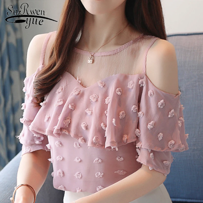 New Summer Fashion Solid Women Blouses Shirts O-Collar Lace Off Shoulder Wavy Ruffled Sleeve Chiffon Shirt Slim Top 0642 40