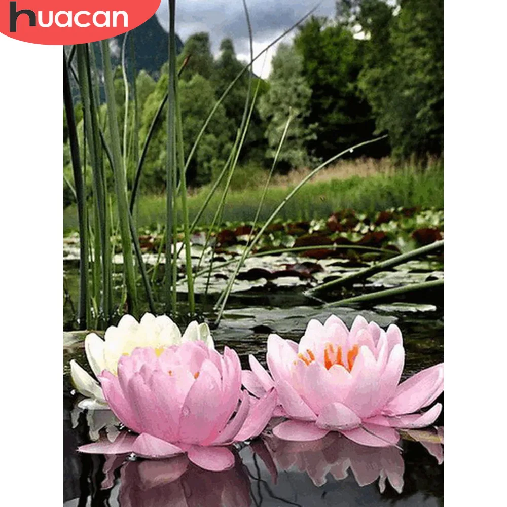 

HUACAN Diamond Embroidery Flower Lotus Full Display 5D DIY Cross Stitch Rhinestones Full Square Diamond Painting Decor Home Gift