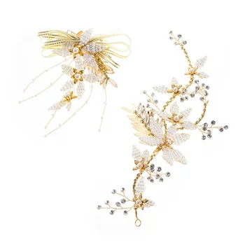 

A Pair Bridal Headwear Alloy Golden Flower Crystal Beads Delicate Headdress Hair Jewelry Hair Pin for Women Girls
