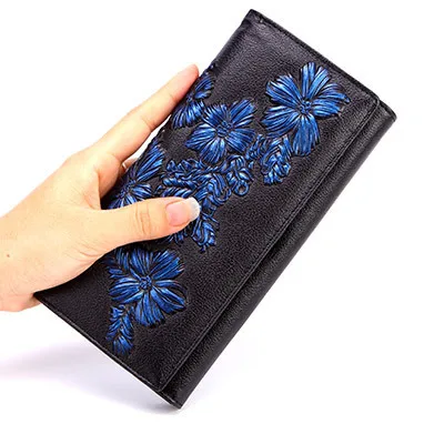 Женский кошелек в китайском стиле из натуральной кожи с цветочным принтом, женский длинный клатч, Дамский кошелек, портмоне с Rfid, сумочка для денег, портмоне, декорированное цветами