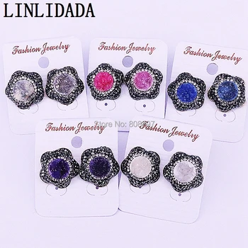 

5Pairs Nature Drusy quartz stone stud earrings, 20mm, pave rhinestone crystal gems flower earrings