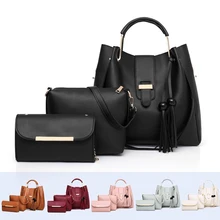 3 шт., набор женских сумок, кожа, сумки через плечо для женщин, металлическая ручка, кисточка, сумка-мешок, конфетный цвет, клатч