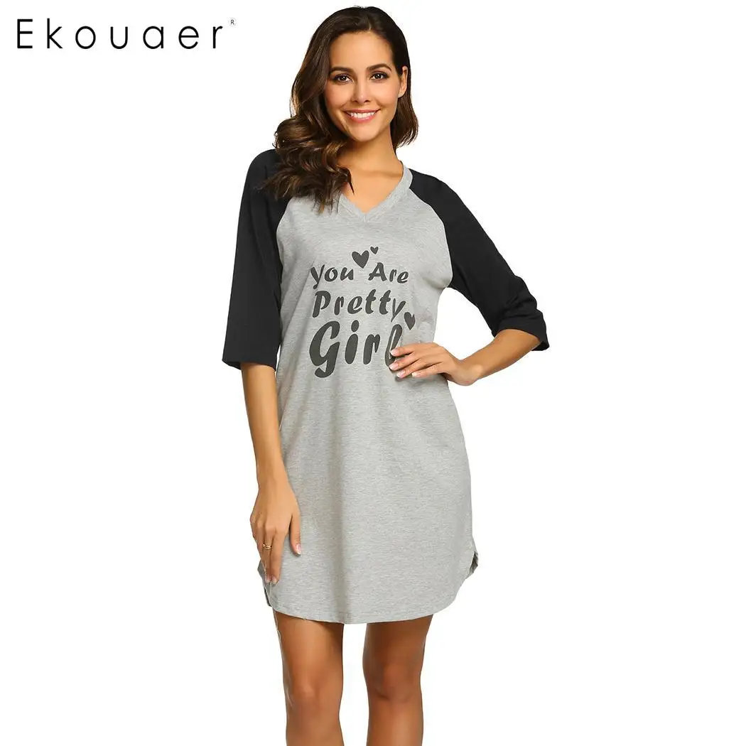 Ekouaer Summer Nightgown Chemise Sleepshirts Women Loose Home Dress Sleepwear V-Neck Letters Printed Nightwear Nightdress