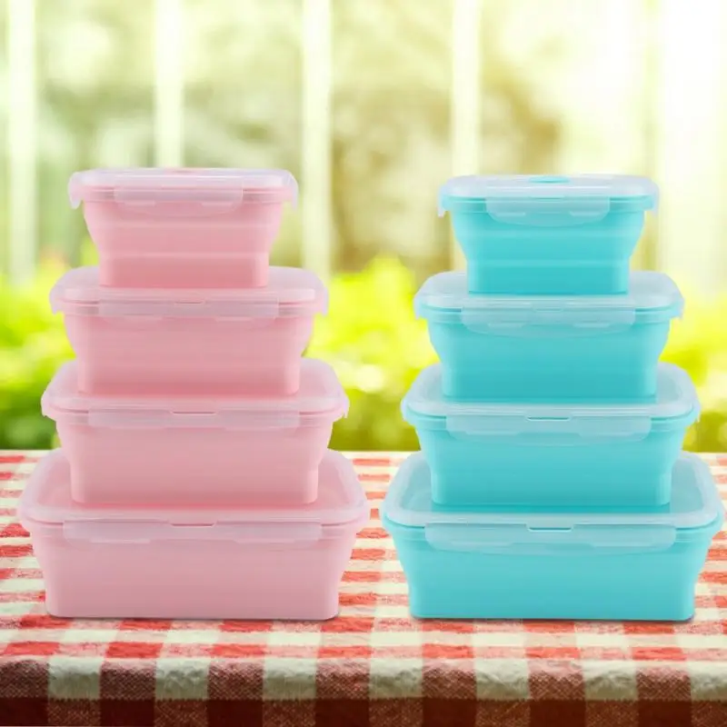 

4 Size Eco-Friendly Portable Silicone Lunch Box Folding Microwave Safe Lunchbox Food Container Home Kitchen Tools