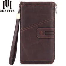 Мужская сумка-органайзер MISFITS, длинный кошелек из натуральной кожи на молнии с отделением для паспорта, монет и сотового телефона