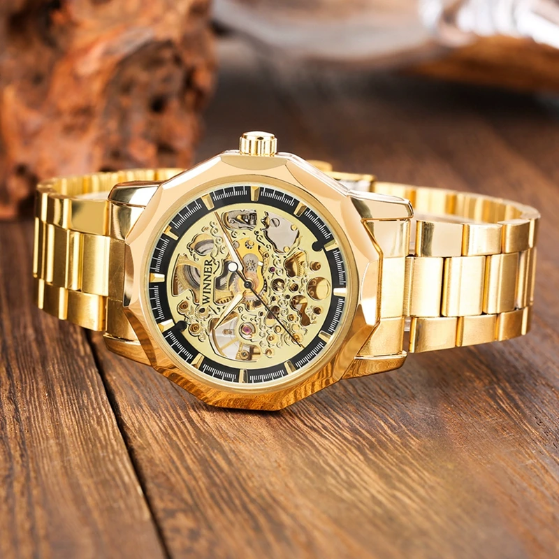 WINNER Luxury Gold Bezel Watch Skeleton Mechanical Watches Top Brand Luxury Men s Clock Men Automatic 5