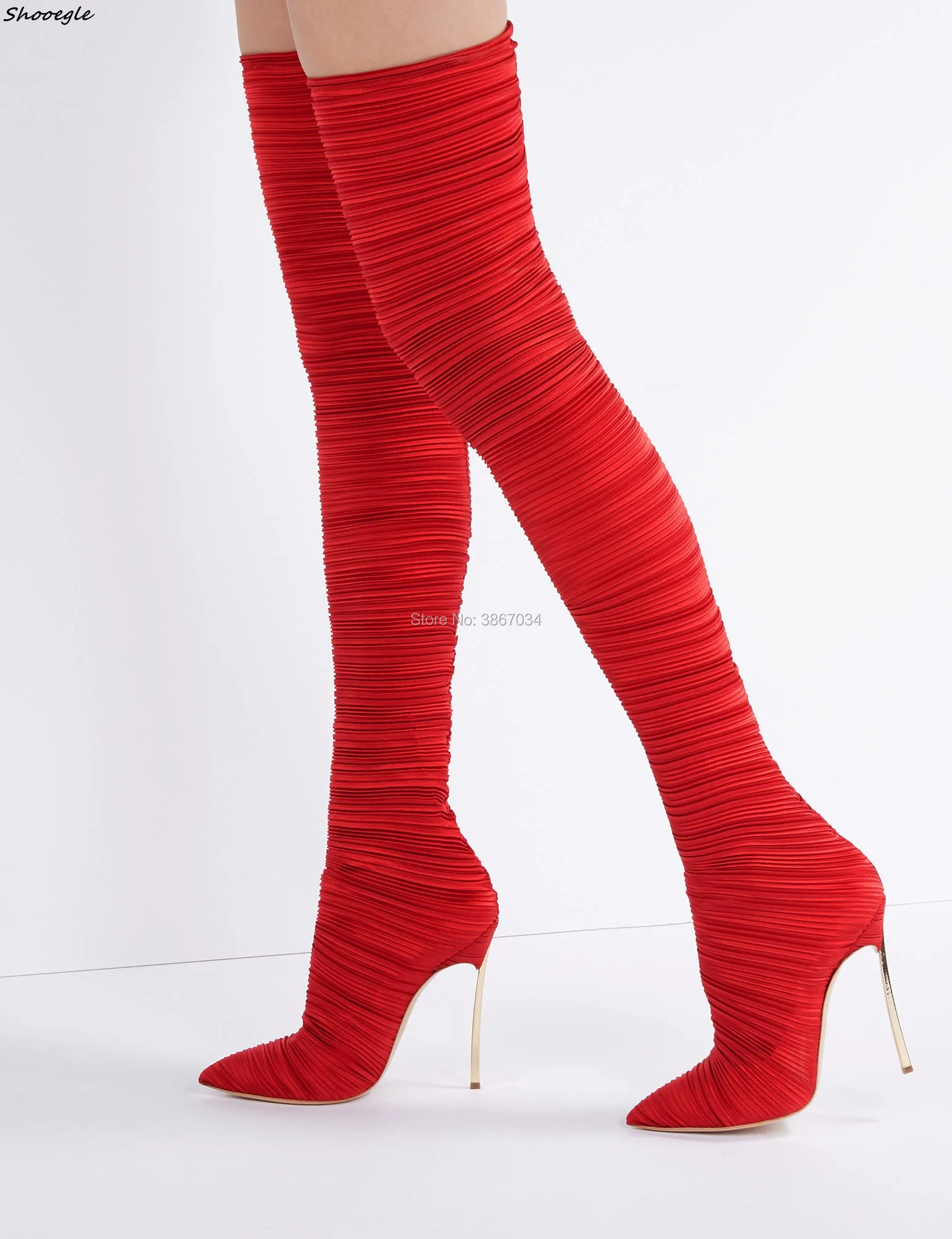 Tacones Overknee Shooegle Elástico Altos Tela Plisada Blade Punta Altas Muslo Toe Rojo Bota Marca Negro Moda Botas Mujeres xAxzOHrw