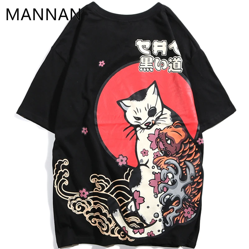 

MANNAN Japanese Ukiyo E Cat Hip Hop T Shirt Men men tshirt homme harajuku modis Summer Harajuku Streetwear Cotton Short Sleeve T