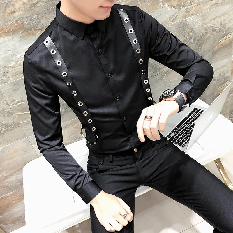 

Camisa Masculina Straps Decoration Men Shirts Long Sleeve Slim Fit Tuxedo Business Casual Shirt Men Solid Party Shirts